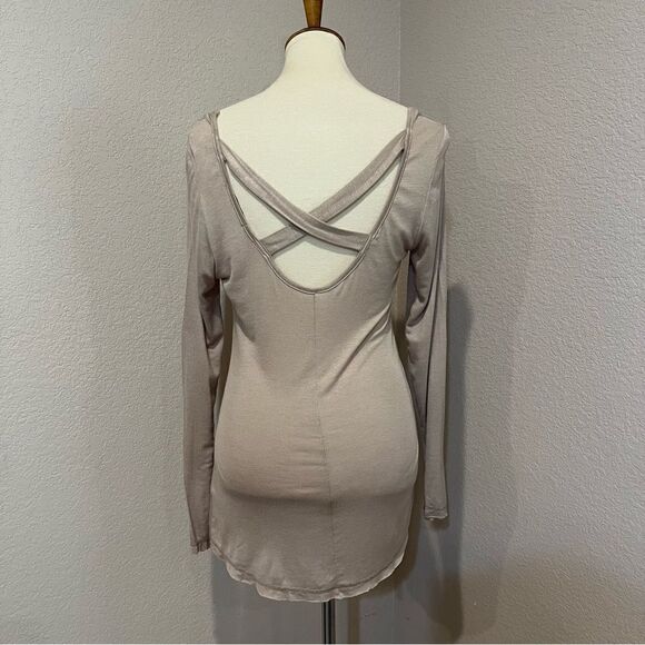 easel Long Sleeve Tissue T-shirt Open Crisscross Back Tan Size L - Picture 3 of 11